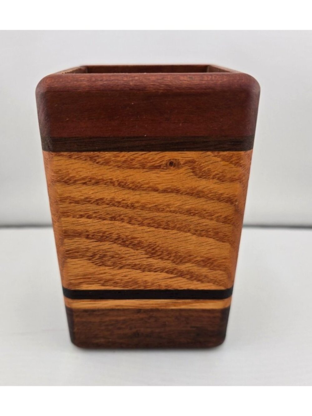 Vintage MCM Wooden Pencil Holder – Multi-Tone Mahogany & Oak – 4.5"